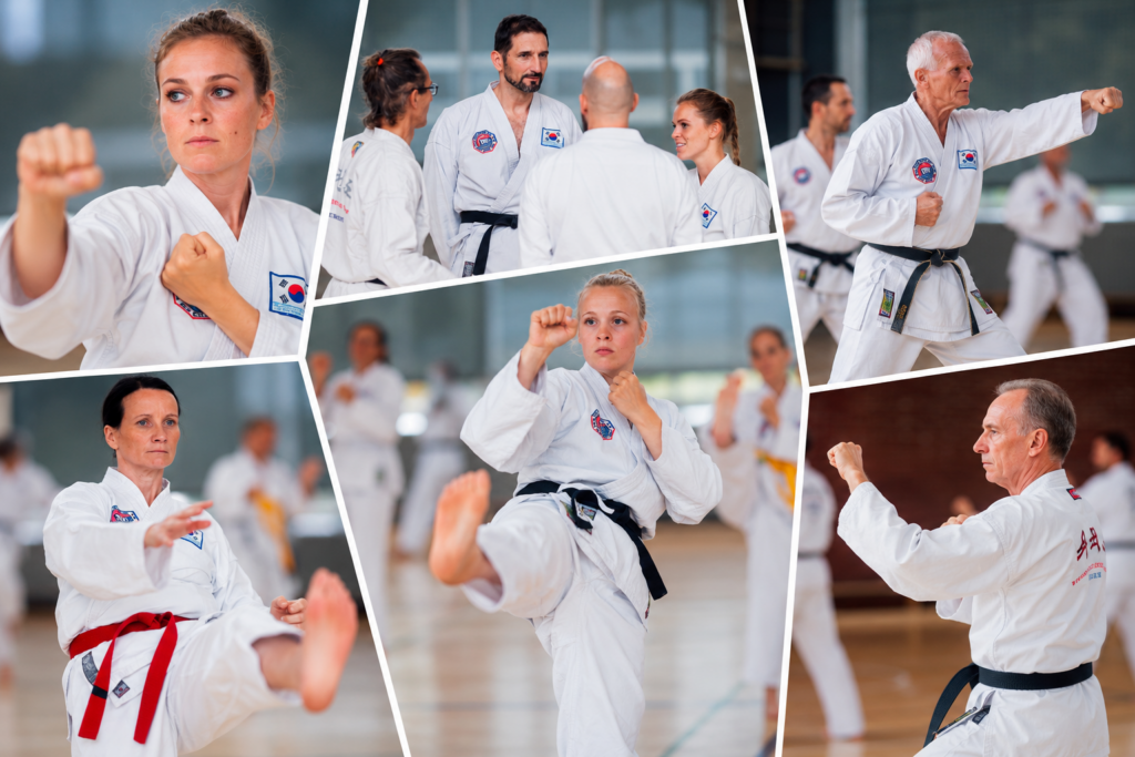 Erwachsene beim klassischen Taekwondo-Training mit verschiedenen Fuß- und Handtechniken